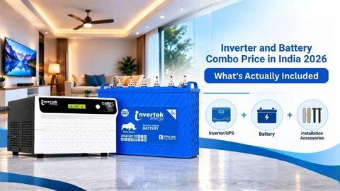 Inverter and battery combo price in India 2026 showing a home inverter, battery, and installation accessories